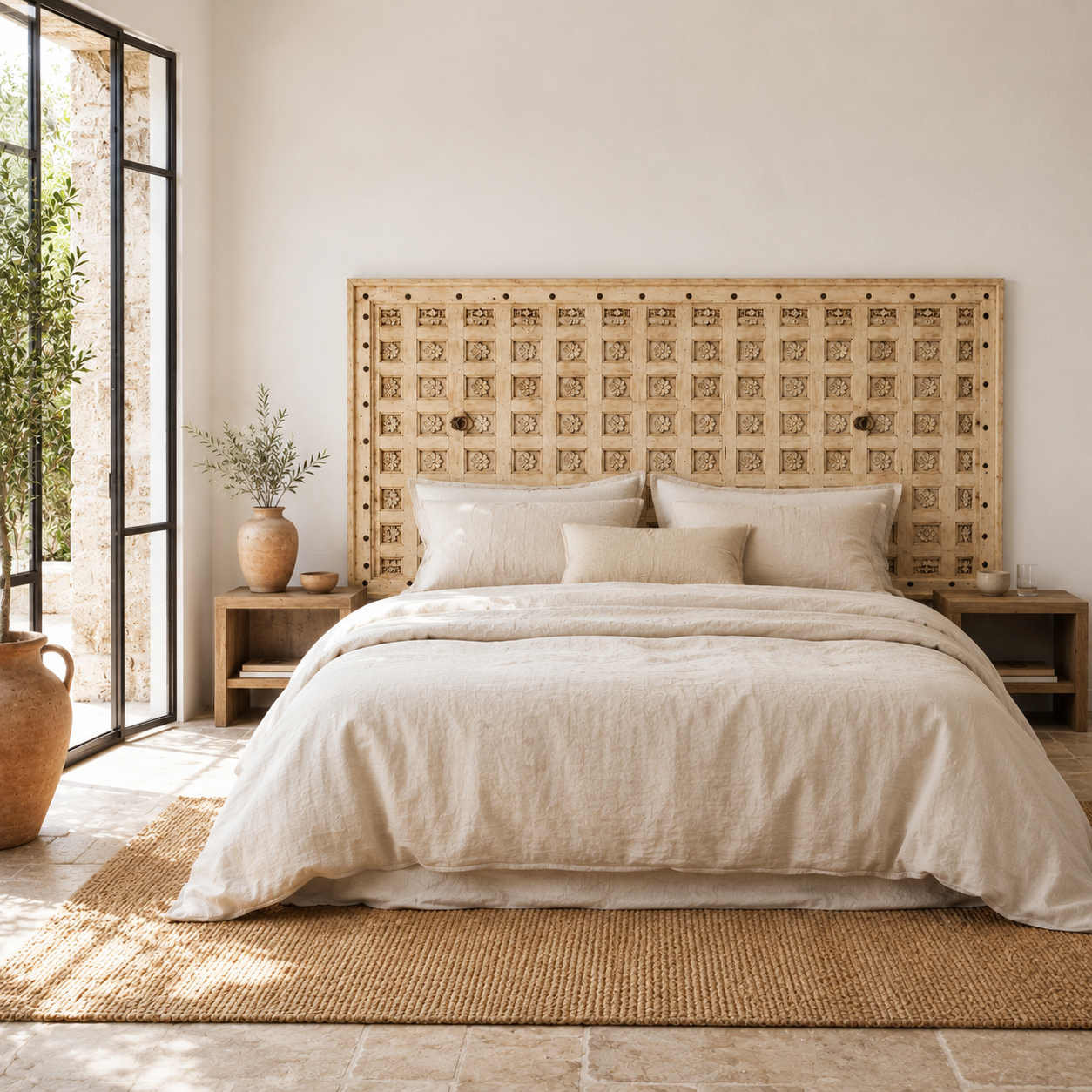 Lifestyle image of a Bhuvi hand-carved teak headboard made from an old Indian ceiling door, featuring symmetrical floral panels and a whitewashed finish—an heirloom-style piece of old door headboards and old Indian door furniture.