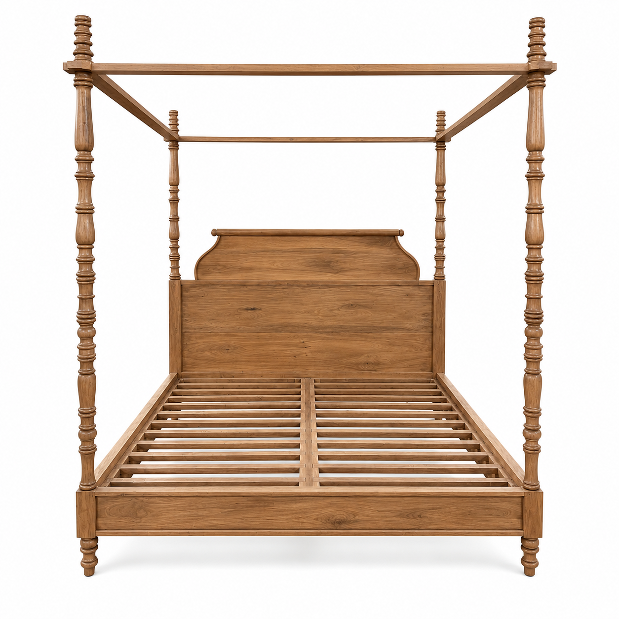 Image of a handcrafted canopy  boho bed Bistar in solid mango wood, Mediterranean-inspired artisanal bedroom furniture, 190 × 200 cm.