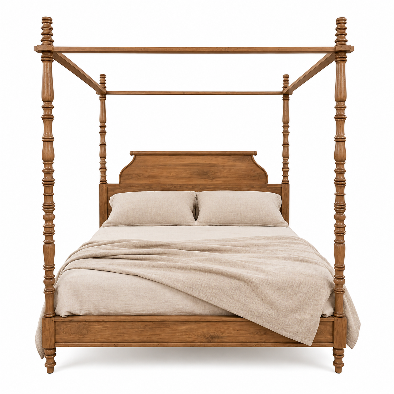 White background image of a handcrafted canopy  boho bed Bistar in solid mango wood, Mediterranean-inspired artisanal bedroom furniture, 190 × 200 cm.