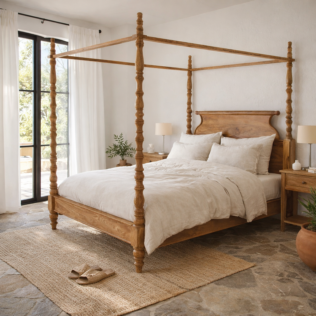Lifestyle image of a handcrafted canopy  boho bed Bistar in solid mango wood, Mediterranean-inspired artisanal bedroom furniture, 190 × 200 cm.
