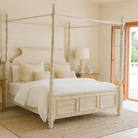 Handcrafted four poster boho bed Bistar white in solid mango wood, Mediterranean-inspired artisanal bedroom furniture, 190 × 200 cm.