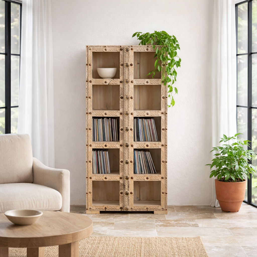 Lifestyle image of a reclaimed teak wood shelving unit with 10 compartments and original brass fittings – sustainable furniture combining practicality, style, and handcrafted quality.
