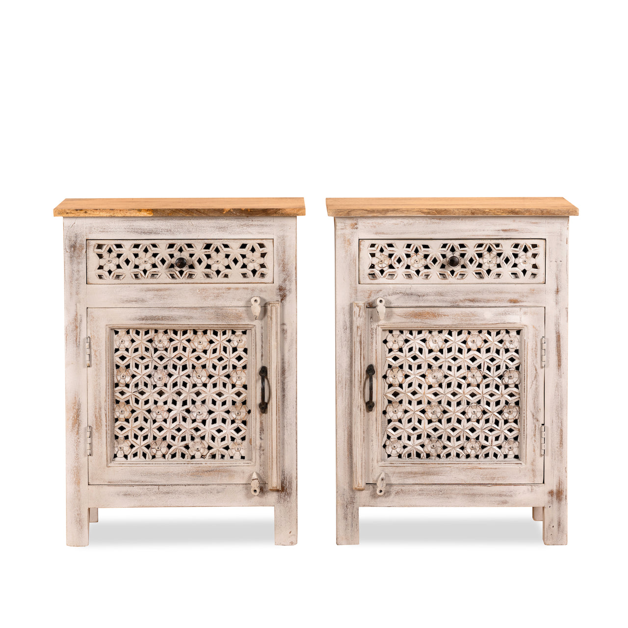 White background image of a pair of carved nightstands made from mango wood with geometric patterns and distressed finish; perfect bedroom furniture, 76 × 56 × 35 cm.