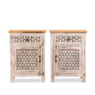 White background image of a pair of carved nightstands made from mango wood with geometric patterns and distressed finish; perfect bedroom furniture, 76 × 56 × 35 cm.