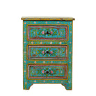 White background image of a hand-painted recycled wood nightstands with floral motifs – bold vintage furniture pieces perfect for bohemian and artistic interiors.