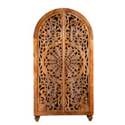White background image of a unique wooden wardrobe made from solid mango wood with hand-carved floral design and rounded shape, 100 × 40 × 190 cm.