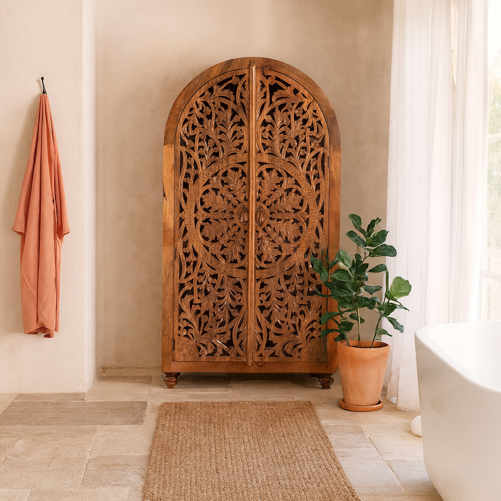 Life style image of a unique wooden wardrobe made from solid mango wood with hand-carved floral design and rounded shape, 100 × 40 × 190 cm.