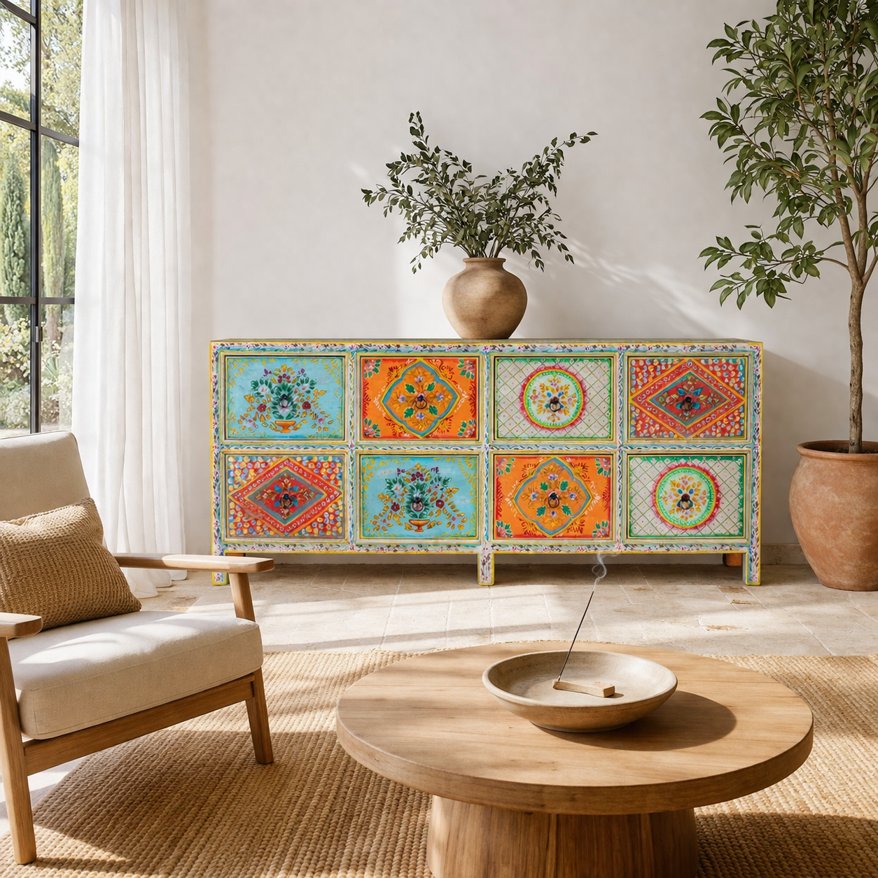 Lifestyle imagination of a hand painted sideboard with 8 drawers made of natural mango wood; artisanal chest for bohemian interior, 200 × 40 × 90 cm.