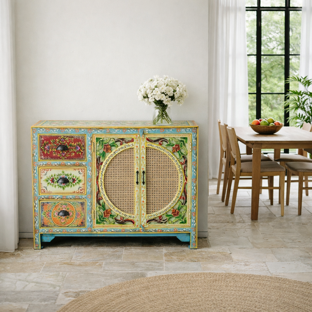 Lifestyle image of a hand painted sideboard Ashara made of mango wood with rattan inserts; Ibiza-inspired boho chic furniture, 120 × 40 × 92 cm.