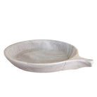 White background image of a hand-carved white marble plate Brij with shallow round form and side handle. A vintage home accessory and unique Indian decoration, ideal as a fruit plate or for bathroom storage in vintage home decor settings.