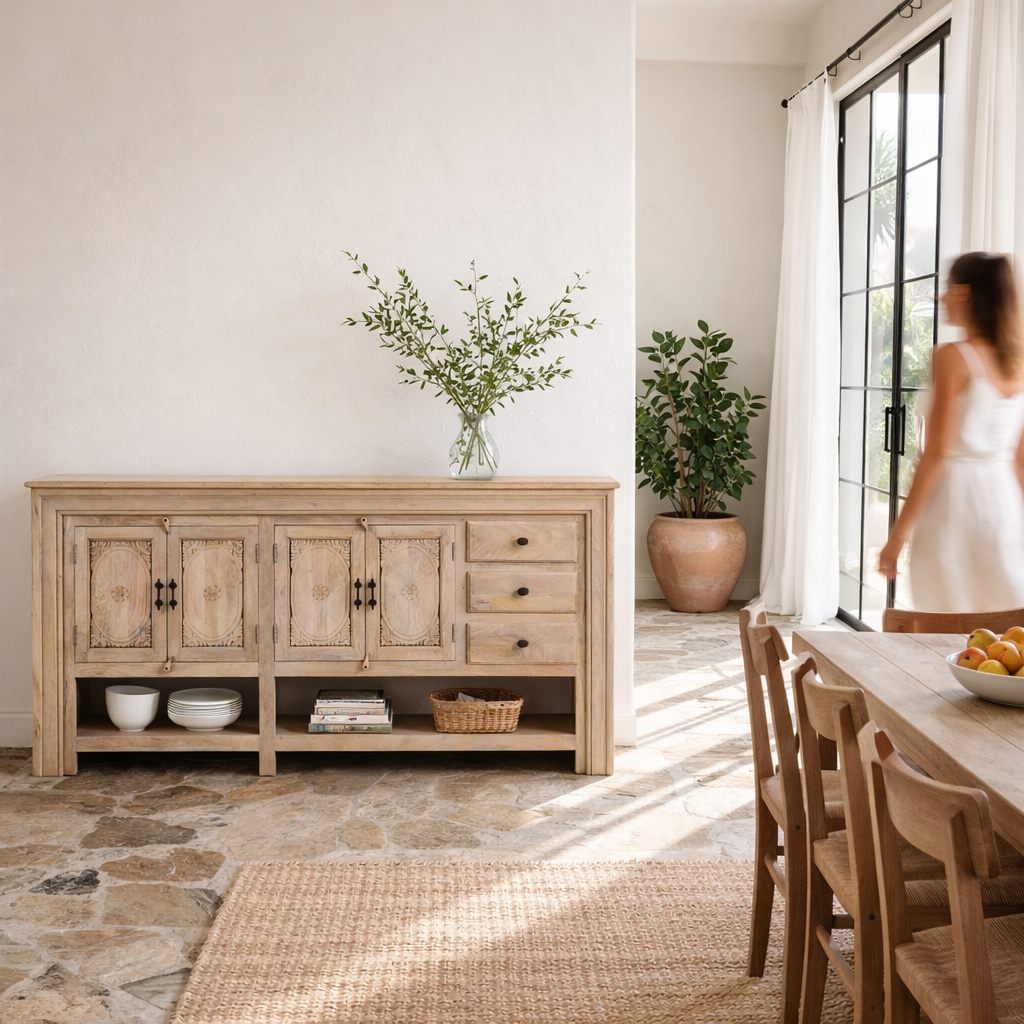 Lifestyle image of a sandblasted mango wood console table with 4 doors and 3 drawers; Mediterranean-style vintage entryway table, water-protected surface, 200 × 42 × 100 cm.