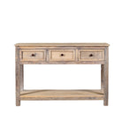 White background image of a sandblasted reclaimed wood bathroom console table with 3 drawers and open shelf; sustainable furniture, 120 × 50 × 80 cm.