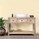 Sandblasted reclaimed wood bathroom console table with 3 drawers and open shelf; sustainable furniture, 120 × 50 × 80 cm.