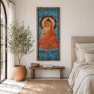 Lifestyle image of a  Buddha wall panel hand-painted on an antique Indian teak door, featuring a meditative Buddha surrounded by lotus motifs—an elegant fusion of spiritual art and old Indian door panels.