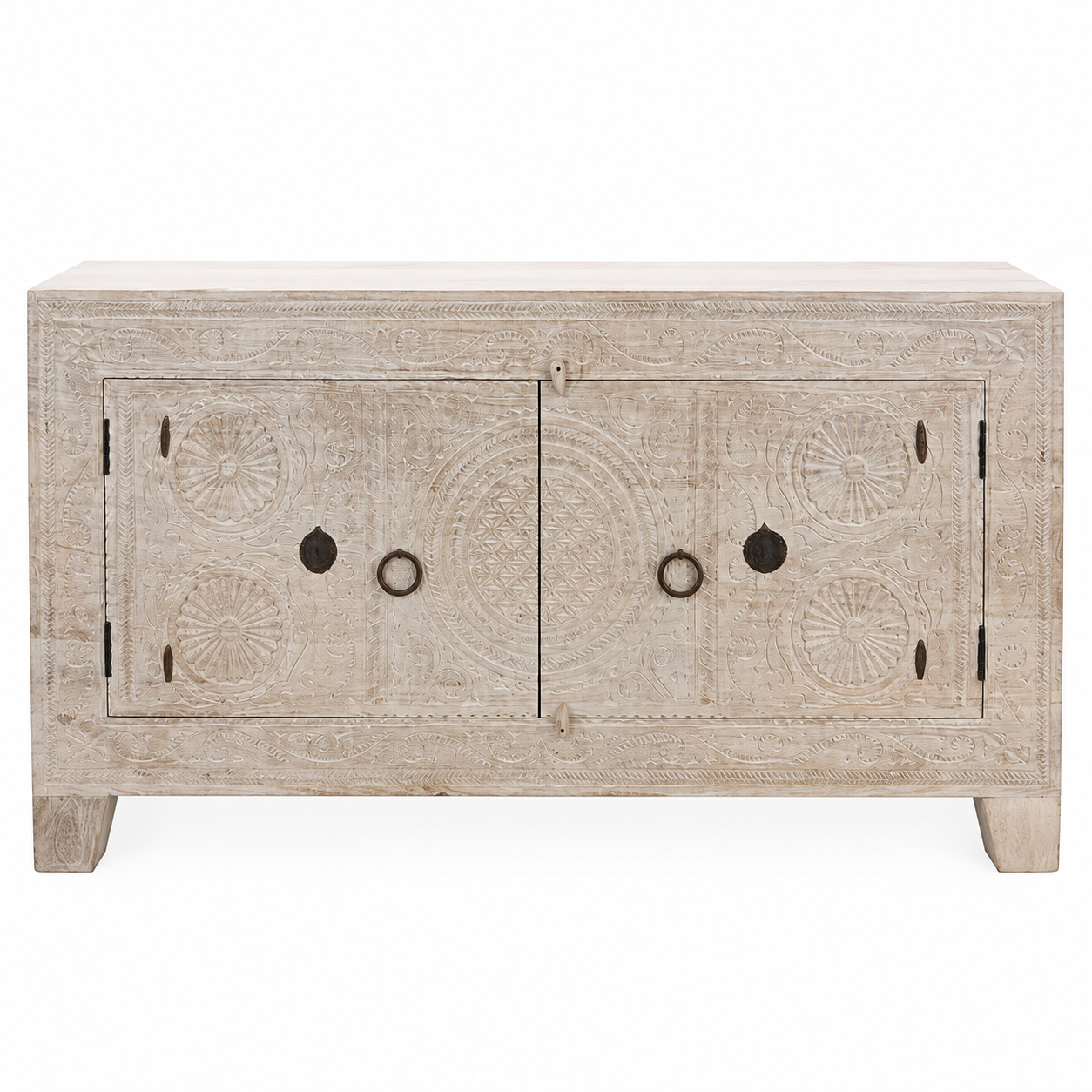 White background image of a Calinda hand carved reclaimed wood sideboard with bleached Orissa style doors and old iron fittings 152cm