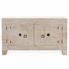 White background image of a Calinda hand carved reclaimed wood sideboard with bleached Orissa style doors and old iron fittings 152cm