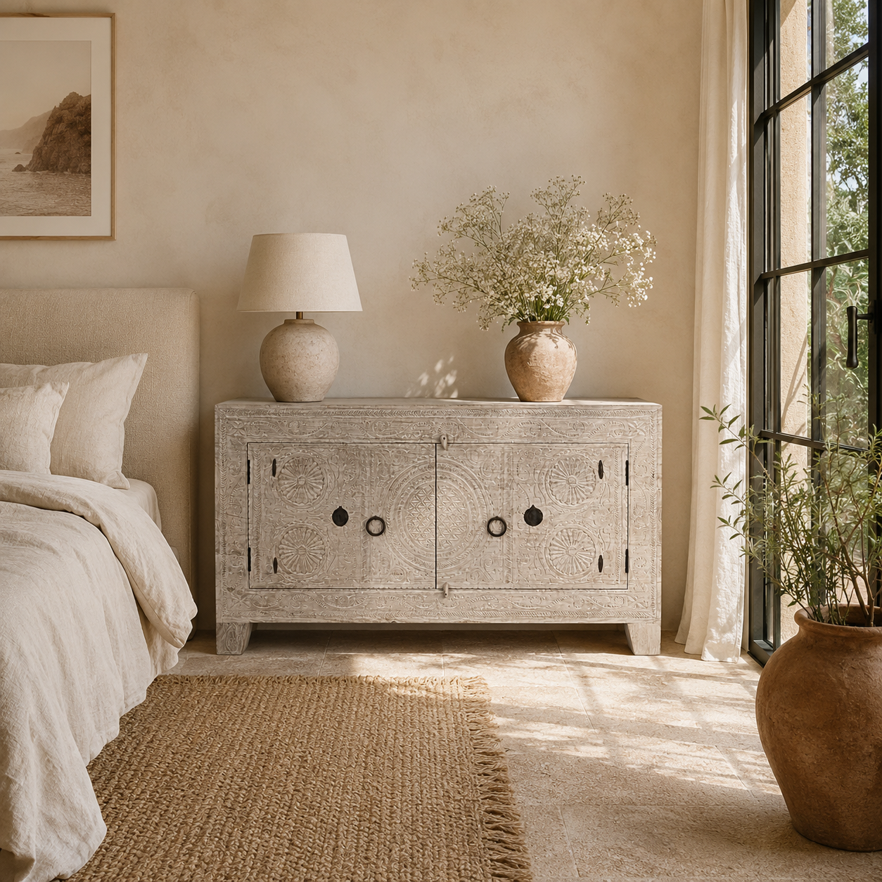 Lifestyle image of a Calinda hand carved reclaimed wood sideboard with bleached Orissa style doors and old iron fittings 152cm
