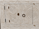 Close up image of a Calinda hand carved reclaimed wood sideboard with bleached Orissa style doors and old iron fittings 152cm