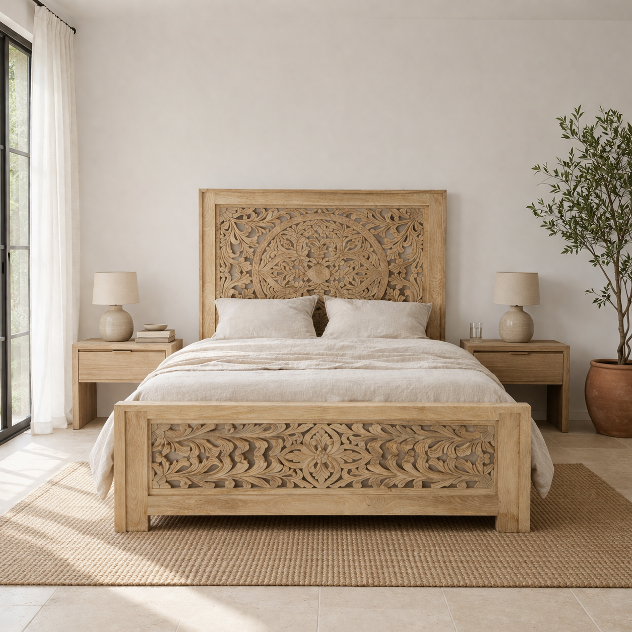 Panel bed Nidhi made from solid mango wood with tall carved headboard, shown in sandblasted bleached finish. A handcrafted piece of bedroom furniture inspired by beds from India.