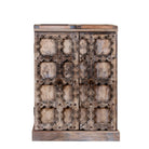 Foldable bar table made of reclaimed teak wood with inside storage and old door front.