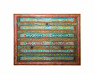 White background image of a Cauvery hand painted head board made from an antique Indian teak door, featuring traditional floral motifs in blue and cream and original iron hardware—an elegant example of hand painted head boards and authentic Indian headboards.