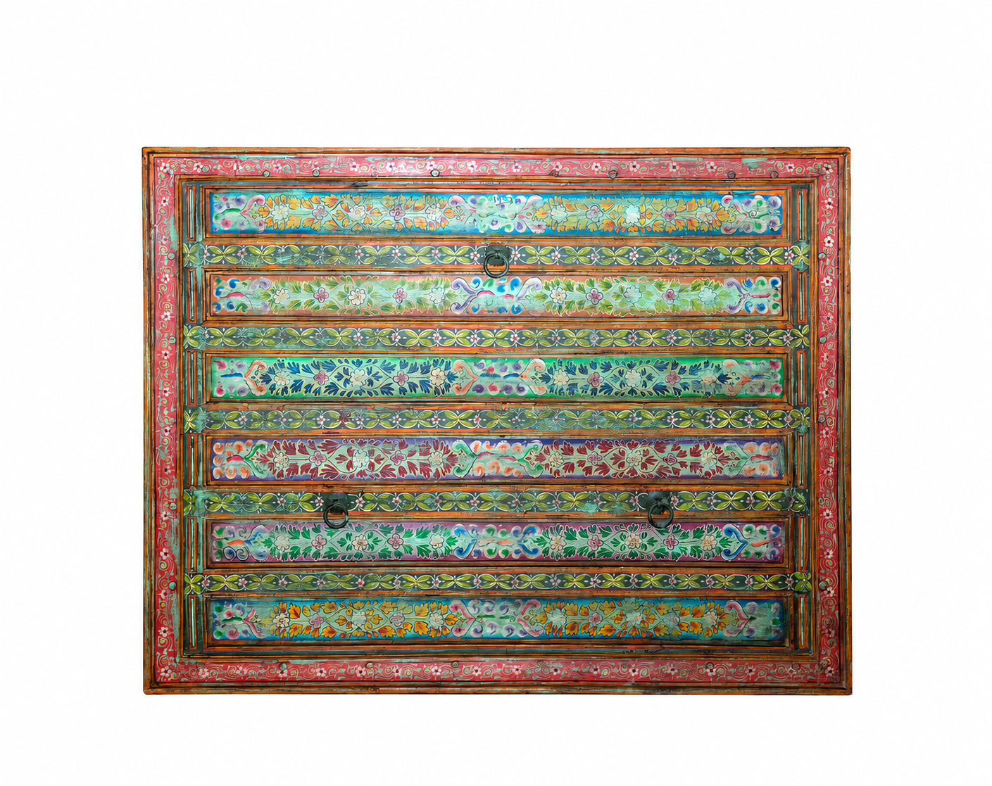 White background image of a Cauvery hand painted head board made from an antique Indian teak door, featuring traditional floral motifs in blue and cream and original iron hardware—an elegant example of hand painted head boards and authentic Indian headboards.