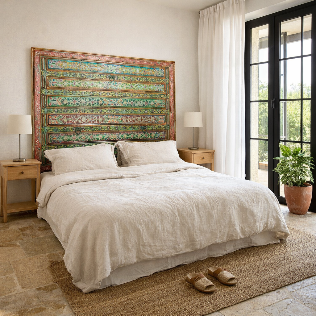 Lifestyle image of a Cauvery hand painted head board made from an antique Indian teak door, featuring traditional floral motifs in blue and cream and original iron hardware—an elegant example of hand painted head boards and authentic Indian headboards.
