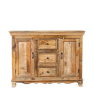 White background image of a sideboard made of natural mango wood with 2 doors, 4 compartments and 2 drawers. 