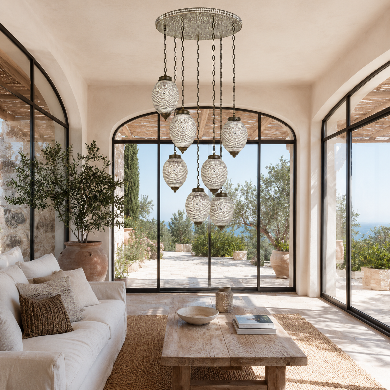 Lifestyle image of a Chahal mosaic pendant light with seven hanging mosaic lamps and round ceiling panel 60cm