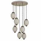 White background image of a Chahal mosaic pendant light with seven hanging mosaic lamps and round ceiling panel 60cm