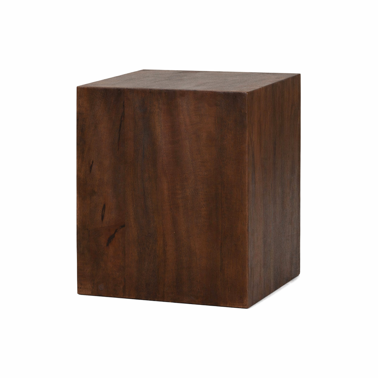 White background image of a minimalist cube side table made of solid mango wood, coffee table mango wood, Indian home decor, 40 × 40 × 40 cm.