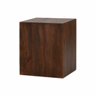 White background image of a minimalist cube side table made of solid mango wood, coffee table mango wood, Indian home decor, 40 × 40 × 40 cm.