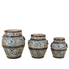 White background image of a set of 3 hand-painted decorative iron pots in cream and blue floral designs, featuring traditional Indian motifs – perfect for vintage home accessories and painted iron decoration.