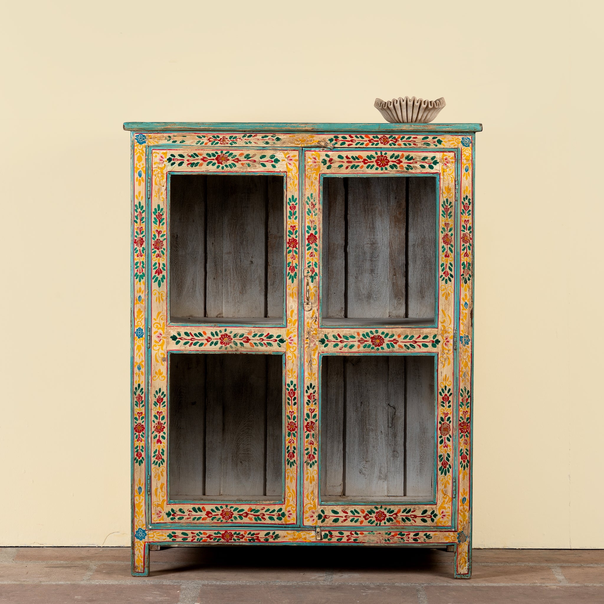 Chaitanya hand-painted reclaimed wood display cabinet with colourful floral design 112cm