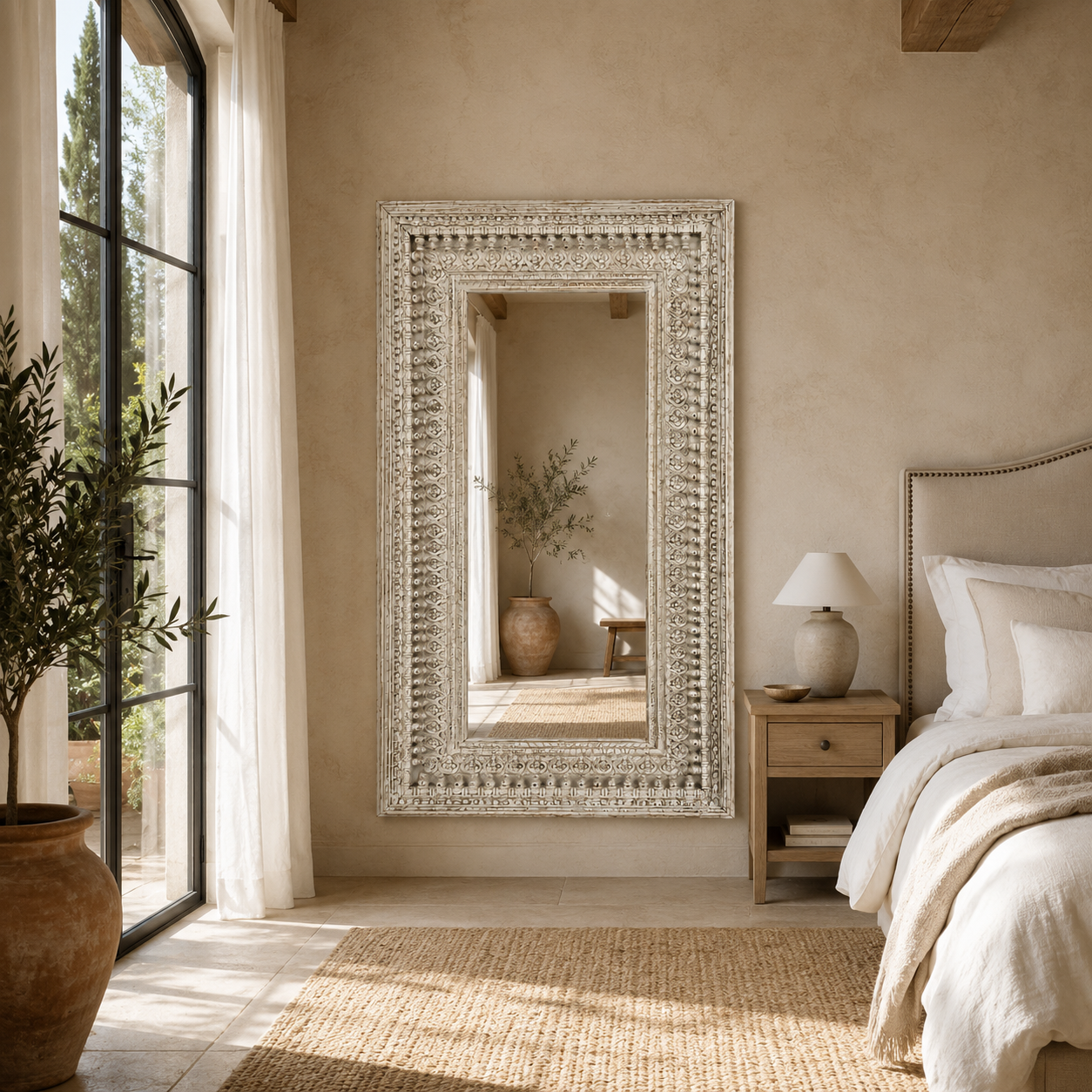 Lifestyle image of a tall white washed wall mirror with hand carved wooden mango wood frame; 180 × 90 × 10 cm.