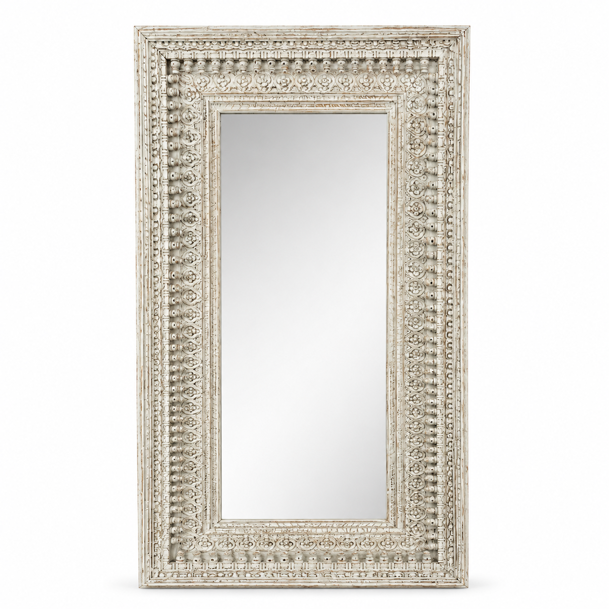 White background image of a tall white washed wall mirror with hand carved wooden mango wood frame; 180 × 90 × 10 cm.