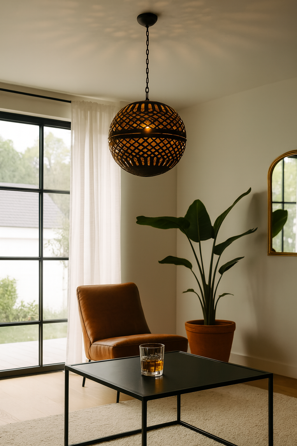 Life style image of a Champa hand crafted metal pendant light with spherical lattice design and iron chain—an artisan lighting piece from our collection of compact metal pendant lights and hand forged metal lamps.