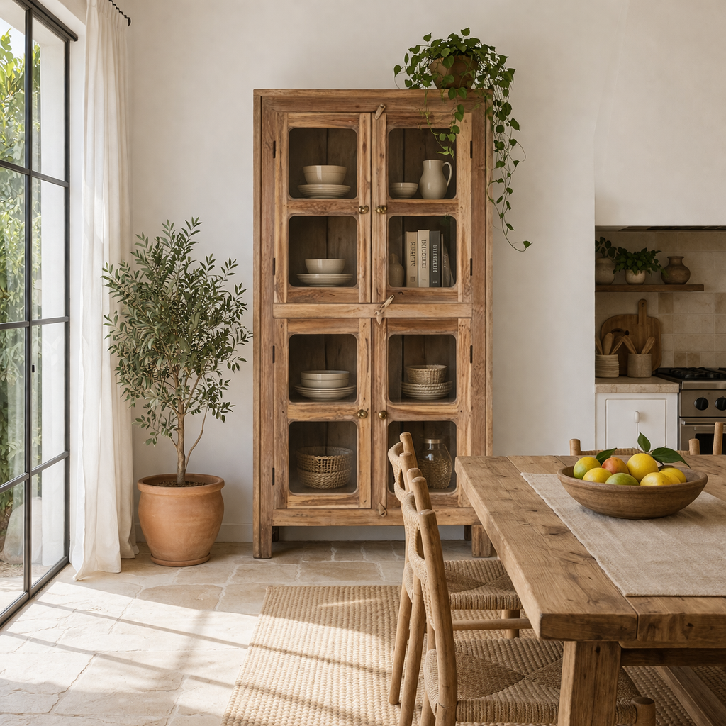 Lifestyle image of Chander tall vitrine with reclaimed teak door panels, a refined piece of teak wood furniture for living room furniture collections.