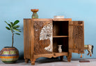 Open door image of a carved mango wood furniture cabinet with Tree of Life design and whitewashed finish, 90 × 40 × 90 cm.