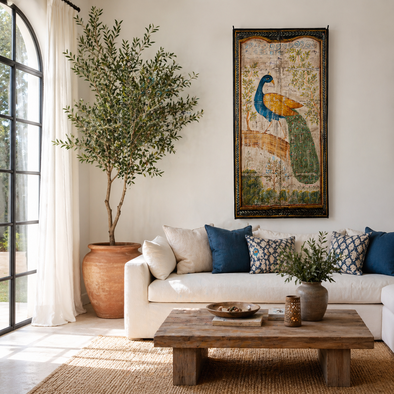 Lifestyle image of a hand-painted wooden wall panel made from an old teak door with peacock motif; vintage wall panels and India home accessories, 88 × 8 × 171 cm.