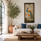 Lifestyle image of a hand-painted wooden wall panel made from an old teak door with peacock motif; vintage wall panels and India home accessories, 88 × 8 × 171 cm.