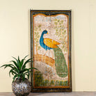 Hand-painted wooden wall panel made from an old teak door with peacock motif; vintage wall panels and India home accessories, 88 × 8 × 171 cm.