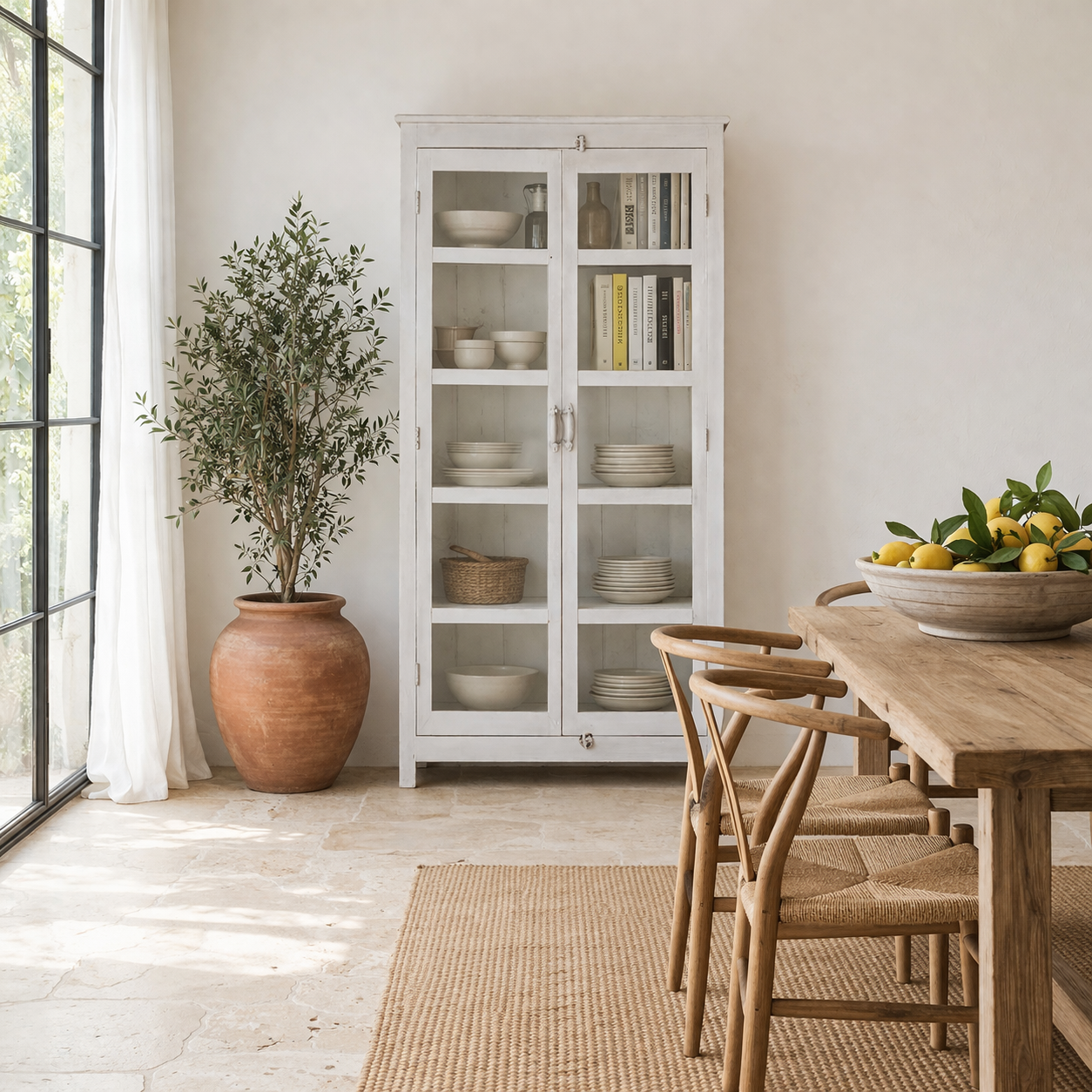 Lifestyle image of a shabby chic teak wood cabinet with glass doors and five compartments – sustainable living room furniture crafted from refurbished old teak with rustic white finish.