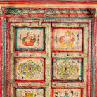 Close up image of a antique hand painted wardrobe made from reclaimed teak wood with Indian motifs; unique furniture and teak wood furniture, 113 × 50 × 190 cm.