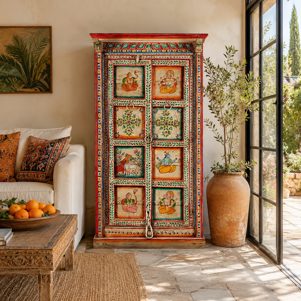 Lifestyle image of a antique hand painted wardrobe made from reclaimed teak wood with Indian motifs; unique furniture and teak wood furniture, 113 × 50 × 190 cm.