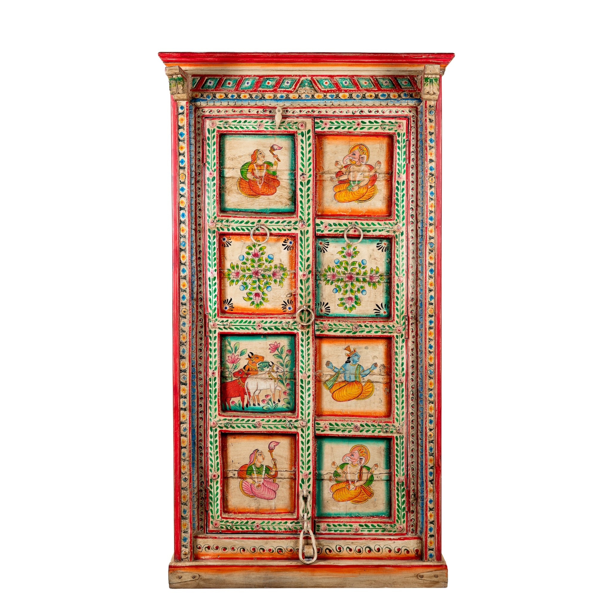 White background image of a antique hand painted wardrobe made from reclaimed teak wood with Indian motifs; unique furniture and teak wood furniture, 113 × 50 × 190 cm.
