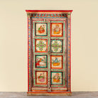 Image of a antique hand painted wardrobe made from reclaimed teak wood with Indian motifs; unique furniture and teak wood furniture, 113 × 50 × 190 cm.