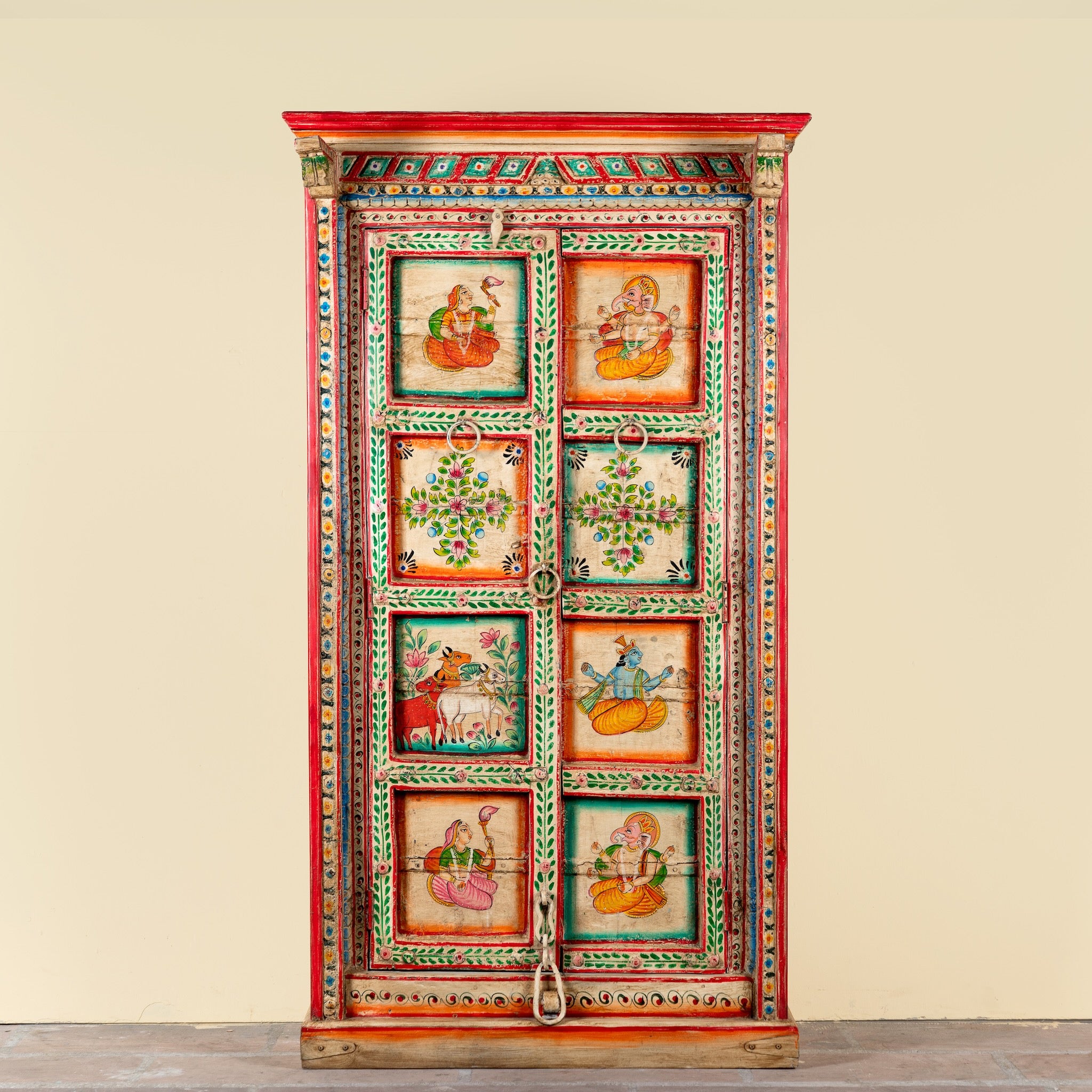 Image of a antique hand painted wardrobe made from reclaimed teak wood with Indian motifs; unique furniture and teak wood furniture, 113 × 50 × 190 cm.