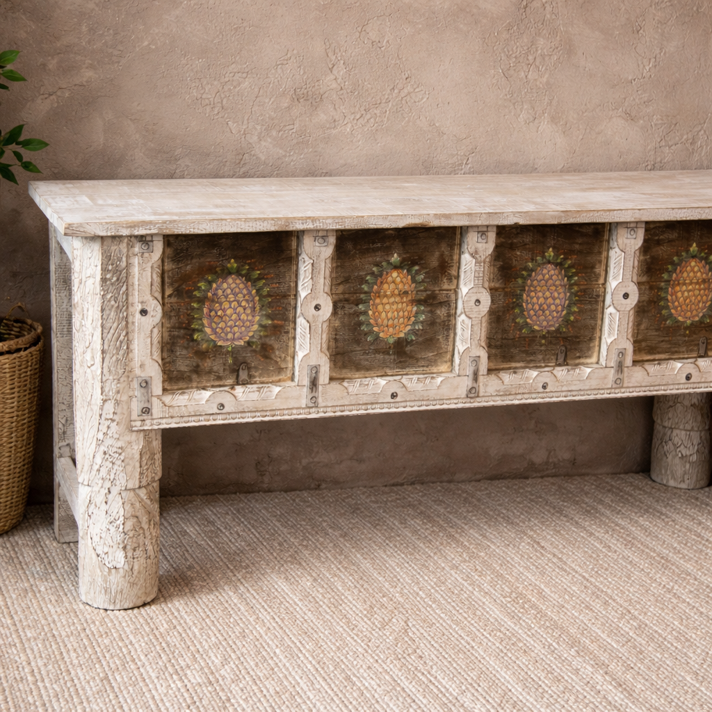 Teak wood console table made from recycled antique house parts with hand-painted front; sustainable furniture, 183 × 85 × 42 cm.