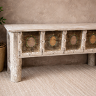 Teak wood console table made from recycled antique house parts with hand-painted front; sustainable furniture, 183 × 85 × 42 cm.